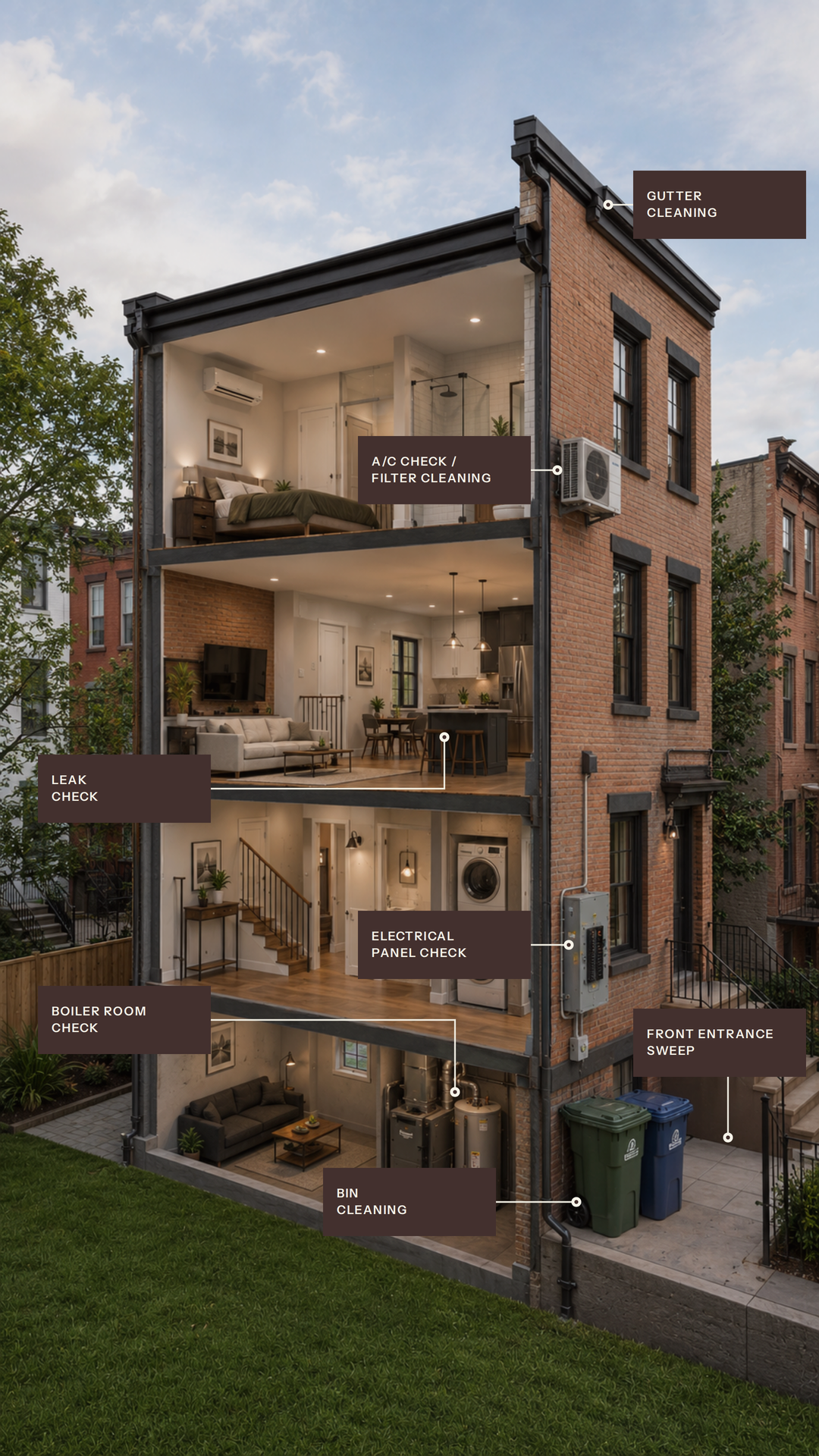 Cutaway view of a New York brownstone showing the A/C unit, gutters, electrical panel, boiler room, bins and front entrance covered by the Clean Start monthly house management plan